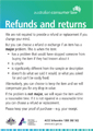 Australian Consumer Law Refund and Returns sign